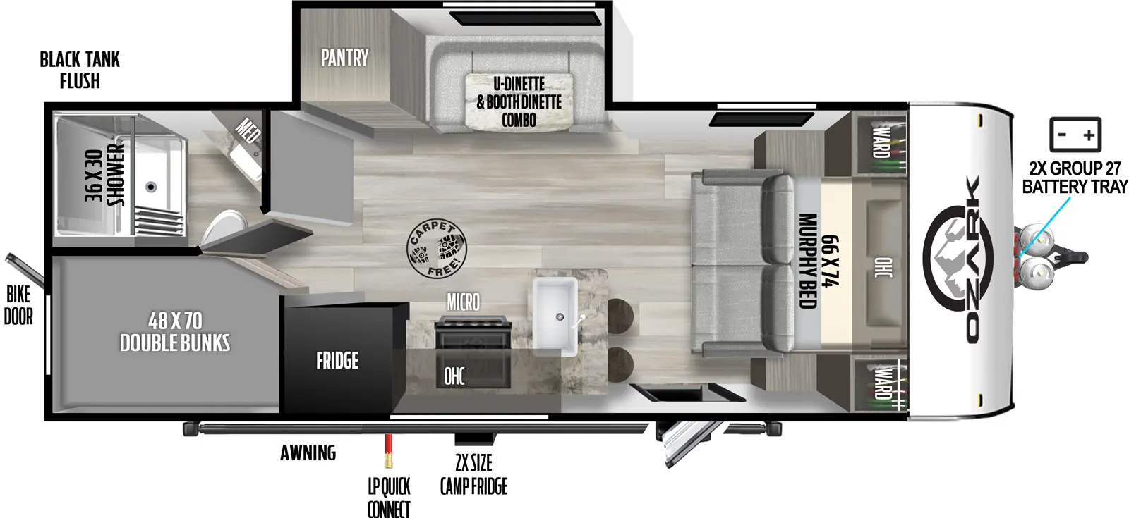 The 2440BHK has one slideout and one entry. Exterior features front 2x group 27 battery tray, 2x size camp refrigerator, LP quick connect, awning, black tank flush, and rear bike door. Interior layout front to back: murphy bed sofa with overhead cabinet and wardrobe on each side; entry door, and peninsula kitchen counter with stools and sink that wraps to door side with overhead cabinet, microwave, cooktop, and refrigerator; off-door side slideout with u-dinette/booth dinette combo, and pantry; rear off-door side full bathroom with medicine cabinet; rear door side double bunks. Carpet Free Interior.